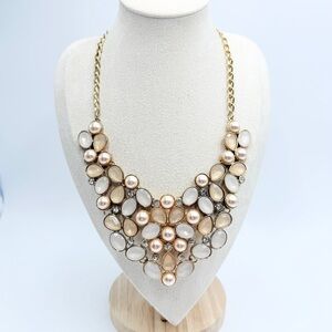 New York & Co Gold Tone Faux Pearl & Rhinestone Bib Statement Necklace